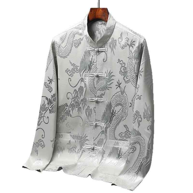 唐装 メンズ 中年 長袖 セット 夏用 中国風 父親 夏服 高齢者 ゆったり トップス シャツ ズボン セット 化繊混紡 ポリエステル 免烫加工 ポケット 装飾 提花龍柄 浅灰 米黄 白色 ブラック 接触冷感 軽量 吸湿速乾 ゆったりシルエット ビジネス