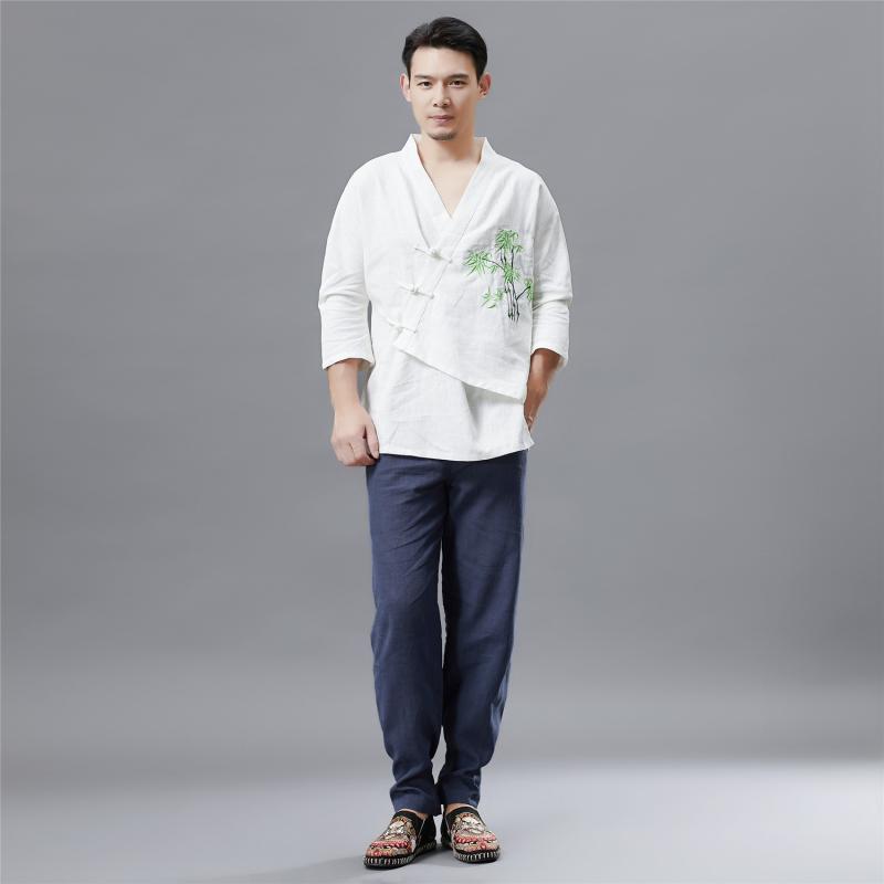 漢服 メンズ 秋冬 刺繍 竹柄 プリント Vネック 苎麻 民族衣装 男性用 伝統柄 コットン混 紺色 ゆったりシルエット 青年向け 日常着 軽..