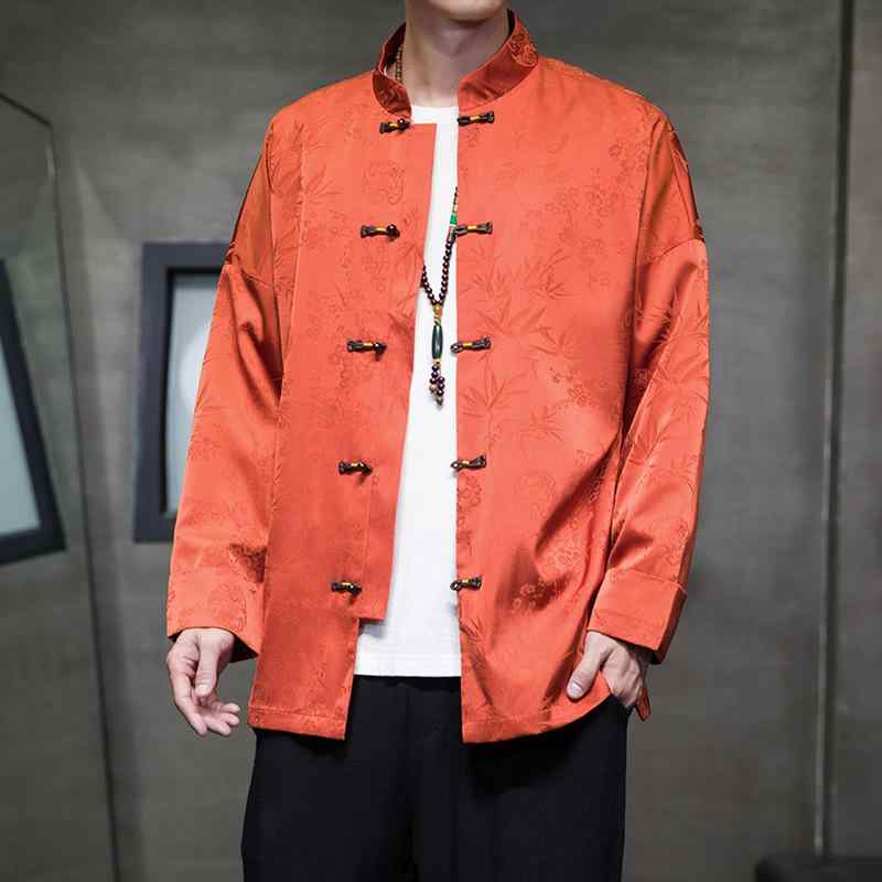 Uramono - メンズ 秋冬 大きいサイズ 中国風 唐装 漢服 ジャケット コート トップス 化繊混紡 コットン 80% 接触冷感 インボルブリー プリント ノンアイロン 黒 橙色 秋 キャジュアル 復古 トレンド スタイリッシュ 軽量 伸縮性 吸湿速乾 普段使い アウ