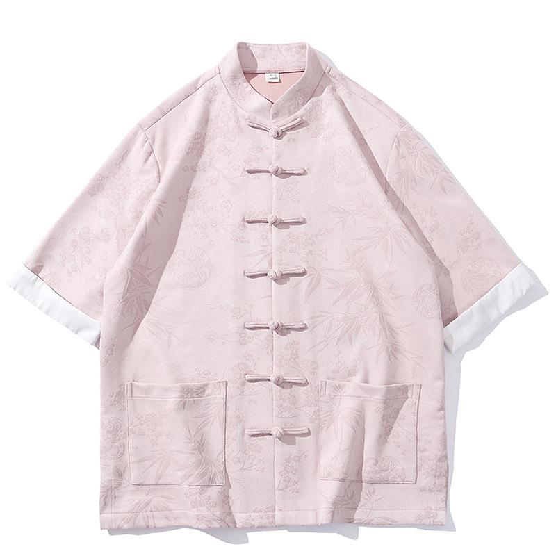 唐装 メンズ 短袖 シャツ トップス 漢服 鹿皮绒 綿 素材 接触冷感 吸湿速乾 軽量 ビッグシルエット ハイネック 切り替え デザイン 春夏 秋 季節対応 コーヒー ピンク グリーン ベージュ カラー ゆったり 大きいサイズ ゆかた風 チャイナスタイル