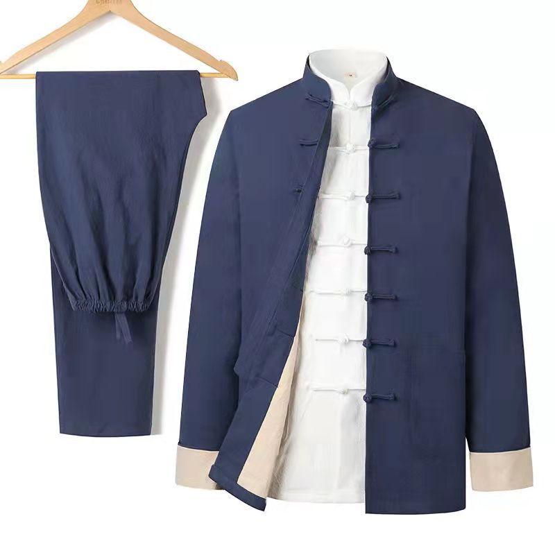 メンズ 唐装 中山装 中年 男性用 漢服 民族風 トップス コート セット 綿麻 素材 麻 混紡 織物 加工 多ポケット デザイン 灰色 ブラック ベージュ ネイビー ワインレッド ライトブルー グレーグリーン カジュアル 普段使い 通年 服装 復古 ス