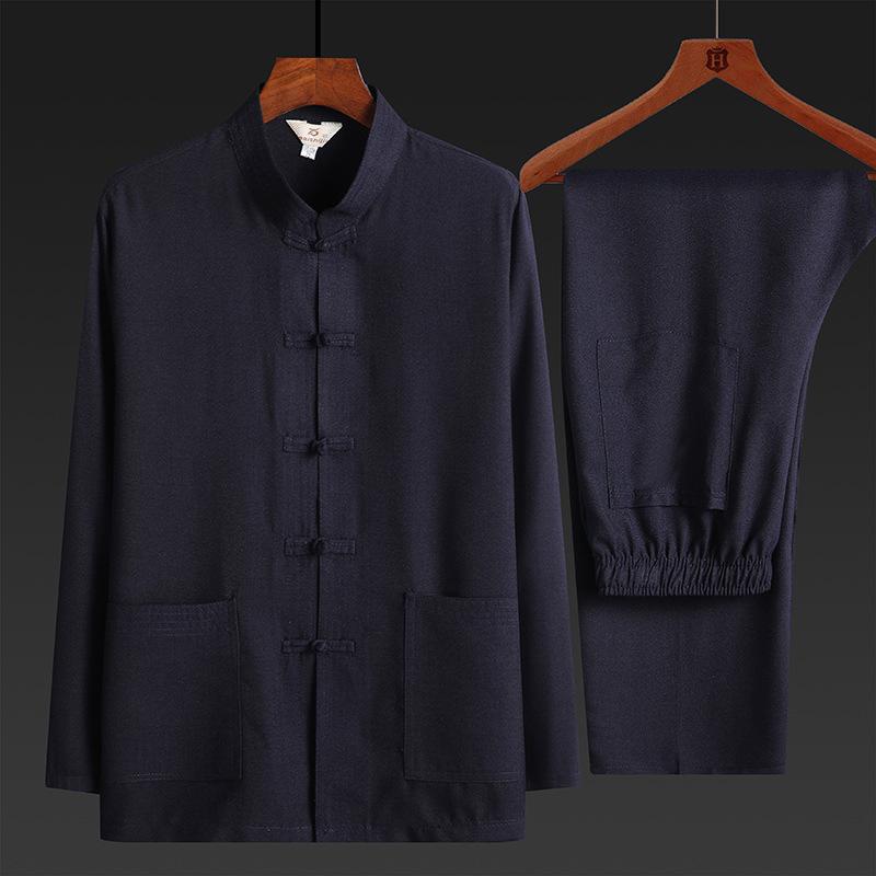唐装 メンズ 中高年 男性用 長袖 セットアップ 綿麻 民族服 居士服 刺繍 印花 夏用 軽量 ミックス紡績 ポリエステル混紡 米黄 白色 灰色 蔵青 竹葉柄 丸龍柄 平板柄 福字柄 ミッドセンチュリー カジュアル レジャー シニア 紳士 ビジネス チャ