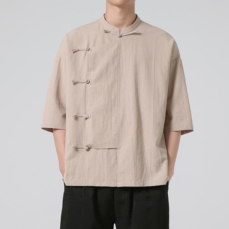 短袖 シャツ メンズ 立領 盤扣 綿麻 接触冷感 ゆったり 復古風 漢服 風 トップス 日常使い 軽量 吸湿速乾 ブラック 麻色 ホワイト 春夏 青年向け