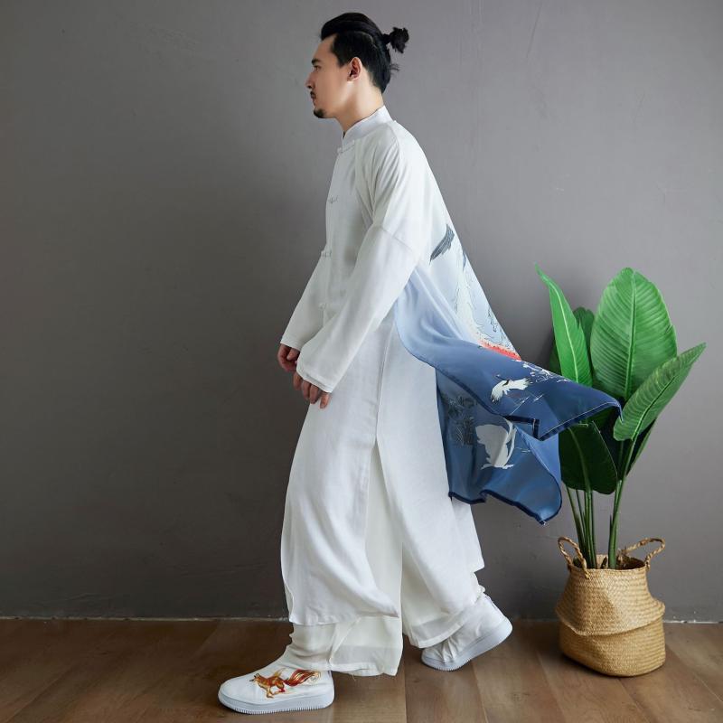 漢服 メンズ 古風 中華風 長衫 トップス 雪紡 綿麻 素材 印花 柄 切り替え デザイン 秋冬 シーズン 白色 ブラック カラー 青年 向け 休闲 スタイル 演出 衣装 軽量 通気性 吸湿性 機能 ゆったり シルエット 普段使い