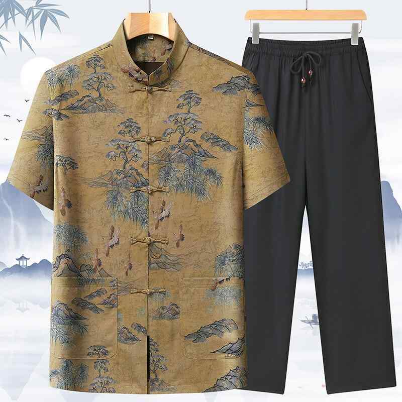 唐装 男性用 夏用 中高年 高級感 真絲 父親装 中国風 休闲 薄手 短袖 セット 麻 接触冷感 多ポケット 刺繍 ブラック イエロー 軽量 通気性 吸湿速乾 旅行 日常 宴会