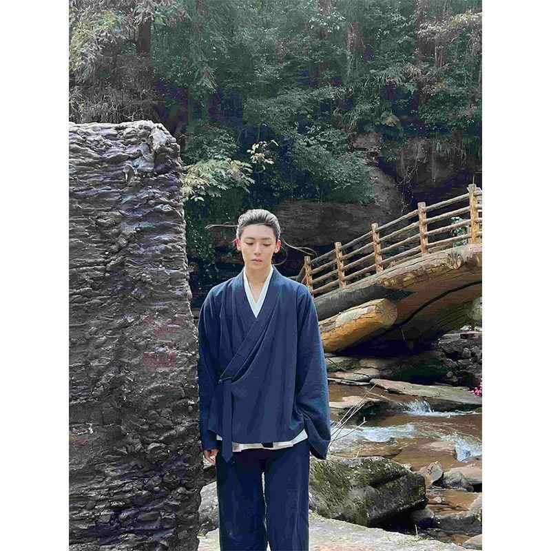 Other - 道袍 コート メンズ 綿麻素材 七分丈 太極拳 練習着 居士服 灯芯绒 ウール混紡 ユニセックス ダークネイビー ブラック ゆったりシルエット 通勤 日常使い 伝統柄 軽量 通気性
