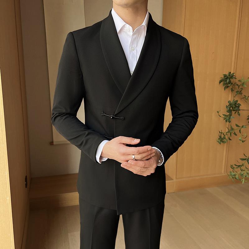 メンズ 民族風 西装 セットアップ 翻領 盤扣 デザイン 唐装 礼服 コットン混紡 醋酸繊維 中年向け 軽ビジネス 春季 黒 紺 ベージュ ボタン飾り 手編み ゆったりシルエット 普段使い