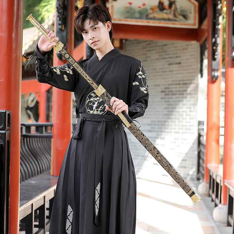漢服 メンズ 復古 武侠風 男性用 黒 綿素材 セットアップ 夏 軽量 通気性 中国風 ステージ衣装 普段使い 吸湿速乾 ゆったりシルエット ショールカラー インパクトデザイン