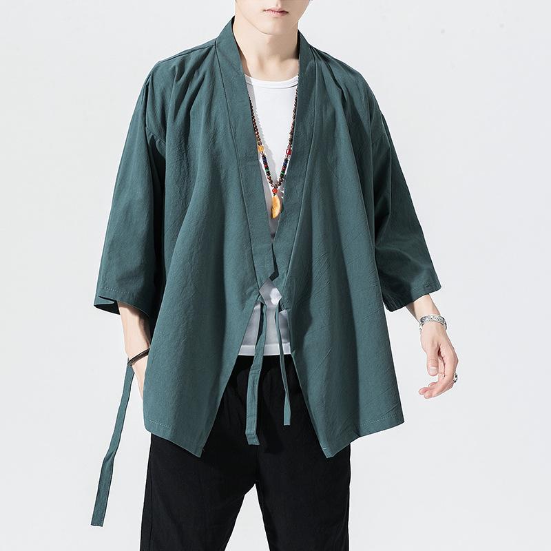 Kimono - 漢服 メンズ 七分袖 道袍 中国風 外套 コットン 素材 夏 向け 赤 グレー ブルー ネイビー ブラック サイドスリット スタンドカラー シンプル 田舎風 禅 伝統 コート レジャー ユース カジュアル トップス ジャケット 軽量 通気性 吸湿速乾 ゆ