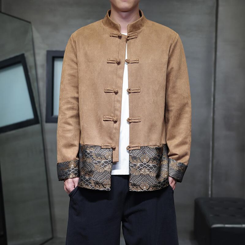 メンズ 秋冬 ジャケット 唐装 漢服 中華風 スタイル 鹿皮绒 コットン 素材 コットン85% 大きいサイズ メンズ 復古 デザイン トレンド コート 秋 季節 黒 コーヒー カラー 免烫加工 ゆったり シルエット レジャー 用途 コート 外套 タイプ
