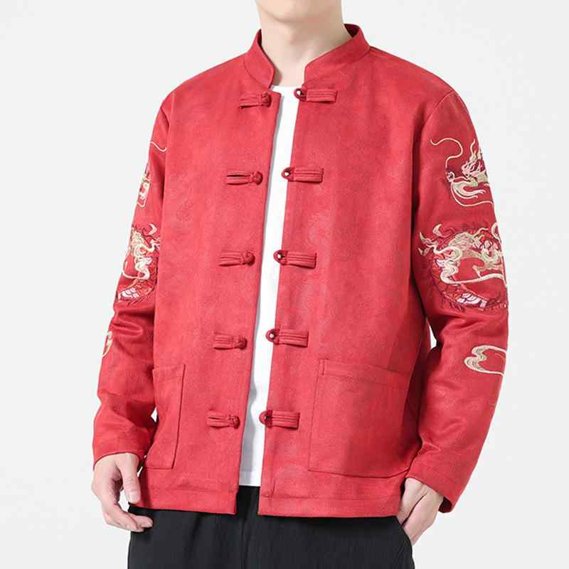 メンズ 秋冬 ジャケット コート 唐装風 刺繍 復古 トレンド コットン 灯芯绒 ピンク ブラック レッド ビッグサイズ ゆったり シルエット 秋 季節 レイヤード スタイル カジュアル 普段使い 軽量 伸縮性 吸湿速乾 素材 トップス アウター 切り替