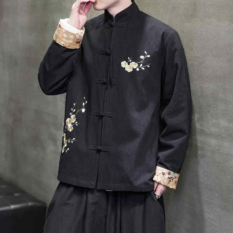 メンズ コート 秋冬 綿麻 ジャケット 男性用 国風 改良 漢服 唐装 梅花 刺繍 トップス 黒 刺繍 加工 ゆったり サイズ 秋 季節 コットン リネン 混紡 生地 暖か 素材 風通し 良い ファッション アイテム トレンド スタイル 刺繍 デザイン