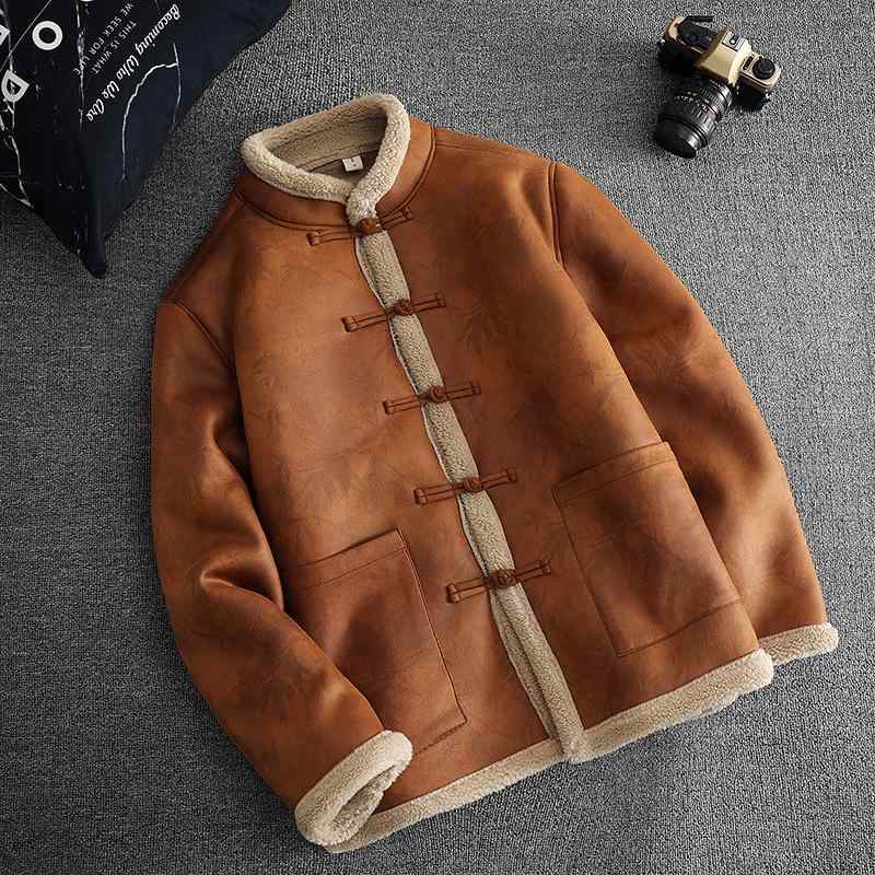 メンズ コート 冬用 中国風 綿 灯芯绒 素材 保暖 加厚 皮毛一体 漢服 唐装 スタイル コーヒー ブラック グリーン 竹子柄 ビッグサイズ ボタン装飾 コットン フリースライニング 暖か 防寒 アウター ゆったり フィット コージー ウインタースタイ