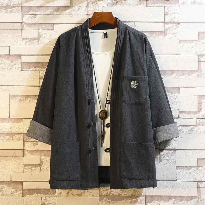メンズ 春夏 唐装 ジャケット 牛仔 コート 漢服 禅服 道袍 居士服 中式 盤扣 デザイン 綿 素材 ブラック ブルー 軽量 通気性 好 夏用 ..