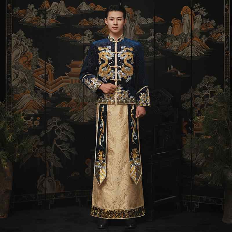 漢服 メンズ 結婚礼服 唐装 新郎用 接親衣装 龍鳳褂 藍色 復古スタイル ポリエステル ストレッチ素材 春季 ビッグサイズ 通年対応 軽量 吸湿速乾 フォーマルウェア