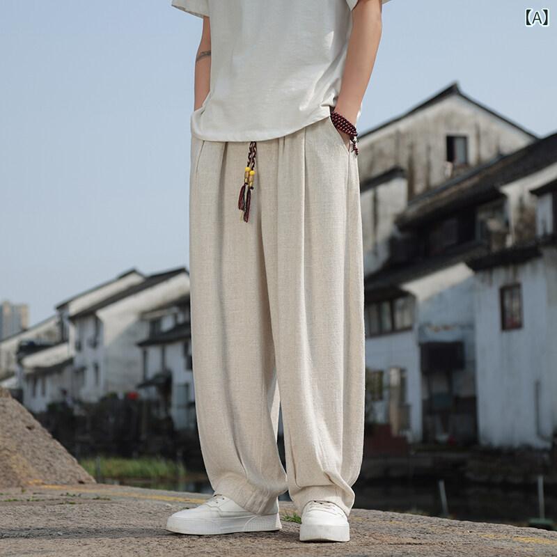 パンツ メンズ ワイドレッグ ストレート 春夏 ゆったり ビッグシルエット 中国風 麻 綿 素材 接触冷感 吸湿速乾 軽量 通気性 ベージュ グレー ブラック ブラウン 青少年 普段使い 休闲 スタイル 男性用 膝下丈 ゆったりパンツ