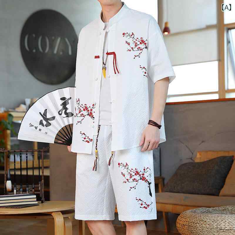 メンズ トップス 唐装風 半袖 シャツ 盤ボタン 切り替え デザイン コットン混紡 ポリエステル 混紡素材 日常使い 通勤 普段着 父子コー..