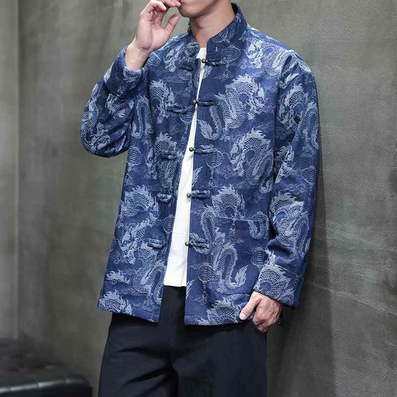 メンズ 秋冬 牛仔 ジャケット コート 唐装風 中華風 切り替え デザイン 綿 素材 大きいサイズ ゆったり フィット 免燻 加工 軽量 快適 ..