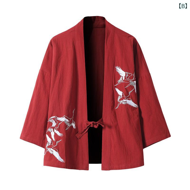 メンズ 開襟漢服 仙鶴刺繍 中国風 トップス コットン混紡 綿85% 夏用 接触冷感 軽量 通気性 ゆったり大サイズ 黒 ワインレッド ネイビー グレー系 刺繍デザイン 復古スタイル ゆったりフィット 日常カジュアル インナー対応 洗いやすい素材 伸縮性