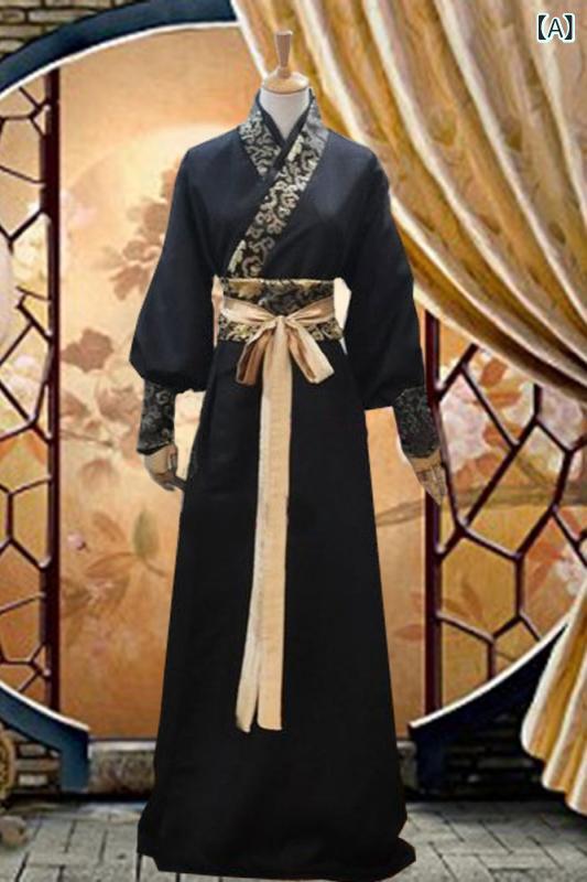 Uramono - 漢服 メンズ 男性用 古装 侠客 書生 演出服 卒業写真 クラス服 唐装 舞台衣装 映画衣装 ドラマ衣装 黒 赤 白 銀縁 黄縁 中袖 大袖 富貴花 宝剣 柄 前垂れ 灰色 書生スタイル 中国風 ポリエステル 100% 軽量 伸縮性 通年 普段使い 部屋