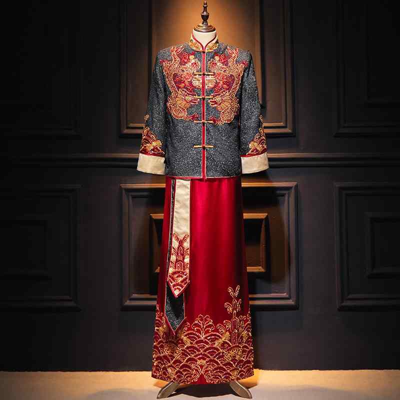 Kimono - 漢服 新郎用 中式 男性用 礼服 ウェディングスーツ 復古風 ポリエステル ストレッチ素材 春夏 ブラック フォーマル 結婚式 伝統衣装 モダン フィット 軽量 通勤 通年対応
