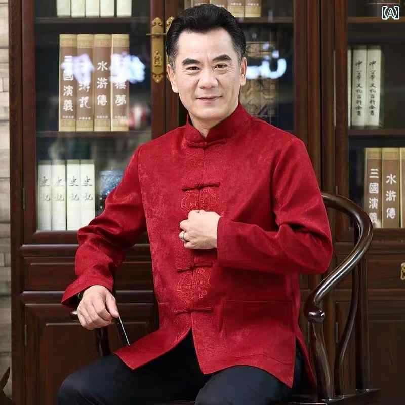 Uramono - 唐装 男性用 ミドルエイジ 秋冬 上着 ジャケット セット ポリエステル 刺繍 ボタン飾り 赤 ダークレッド ブラックパンツ ゆったりシルエット 軽量 暖かみ 普段使い フォーマル チャイナスタイル シニア ギフト向き 伝統柄 長袖 スタンドカラー ポケ