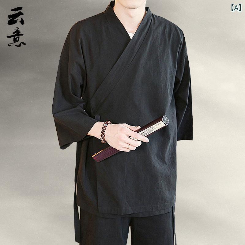 メンズ 七分袖 中国風 斜め襟 トップス 漢服 禅意 居士服 古風 茶服 綿麻 道袍 アウター コットン混紡 ポリエステル ブラック ワインレッド グレー ネイビー ゆったりシルエット 通勤 普段使い 軽量 通年