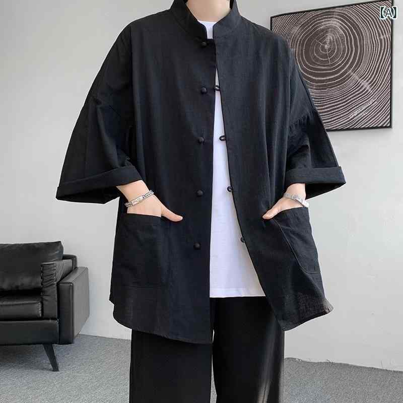 Uramono - メンズ 道袍風 スタンドカラー シャツ コート 春夏 七分袖 再生繊維 ポリエステル 軽量 通気性 吸湿速乾 黒 白 ネイビー ベージュ 復古 スタイル 日常使い 旅行 スポーツ ダンス 宴会 婚礼 居家 カジュアル トップス ジャケット 漢風 デザイン
