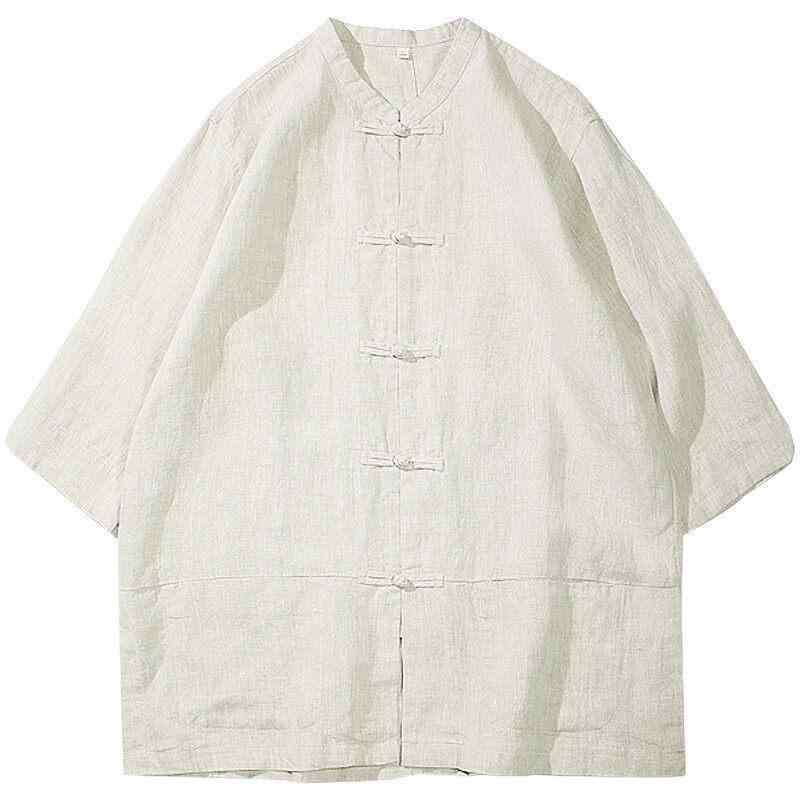 春夏 メンズ 男性用 麻 綿混紡 シャツ トップス 半袖 短袖 襟付き スタンドカラー 中国風 漢服風 唐装風 復古 茶服 太極柄 居士服 レイヤード対応 軽量 通気性 吸湿速乾 白色 ブラック カーキ ネイビー 青年向け 普段使い 外出用 ファッション