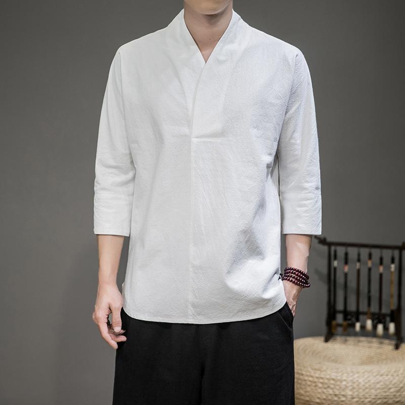 Tシャツ メンズ 男性用 春夏 七分袖 Vネック ゆったり大サイズ 純色 麻 綿麻 接触冷感 吸湿速乾 軽量 通気性 伸縮性 普段使い 部屋着 カジュアル トップス 白色 姜黄色 グレー ブラック ネイビー