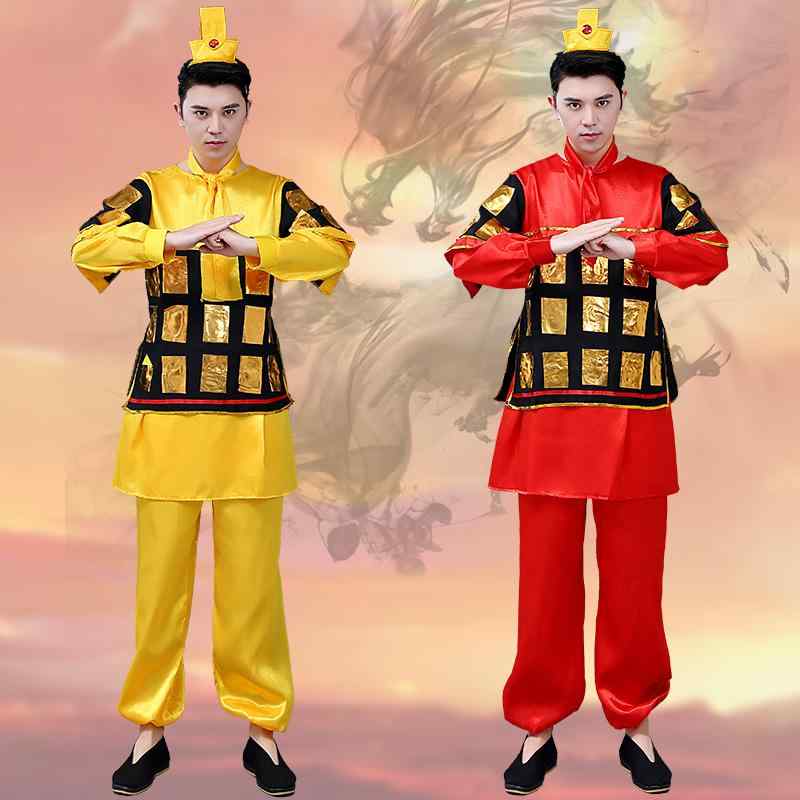 子供 男の子 古装 武士 盔甲 衣装 古典 兵服 コスプレ 衣装 赤色 黄色 ピースカラー ポリエステル 繊維 通年 着用 可能 青少年 向け ダンス 衣装 ピースカラー デザイン 軽量 素材 普段使い 対応