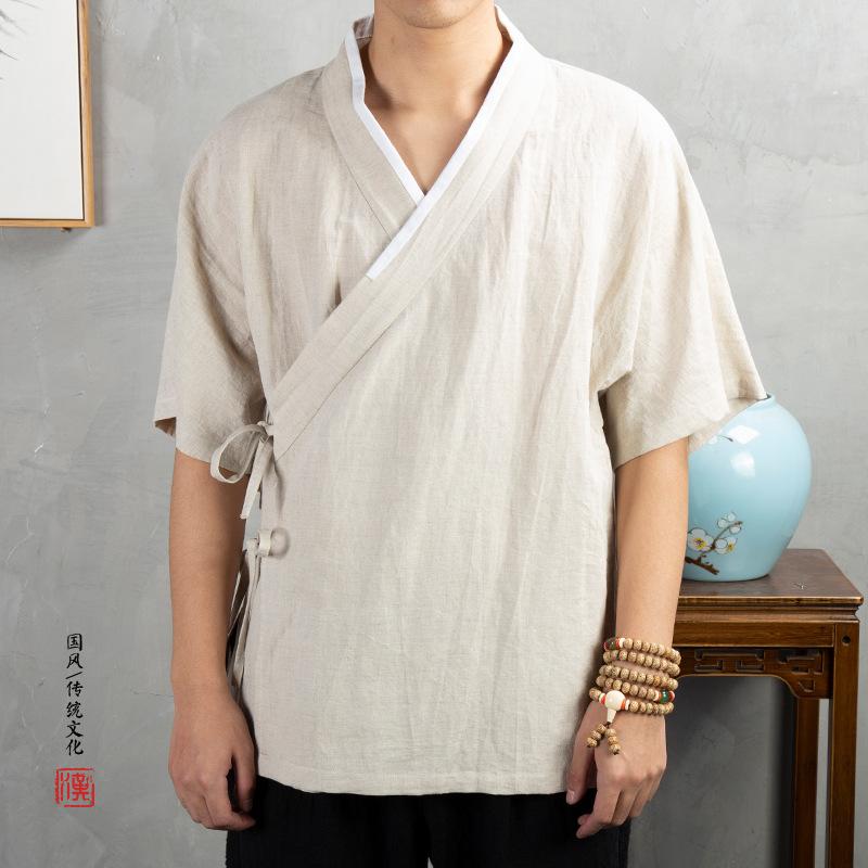 Other - メンズ 漢服 中山装 短袖 外套 コットン 綿麻 秋冬 白色 紺色 カーキ色 通勤用 普段使い 軽量 吸湿速乾 切り替えデザイン 男性用 伝統風 カジュアル トップス ジャケット