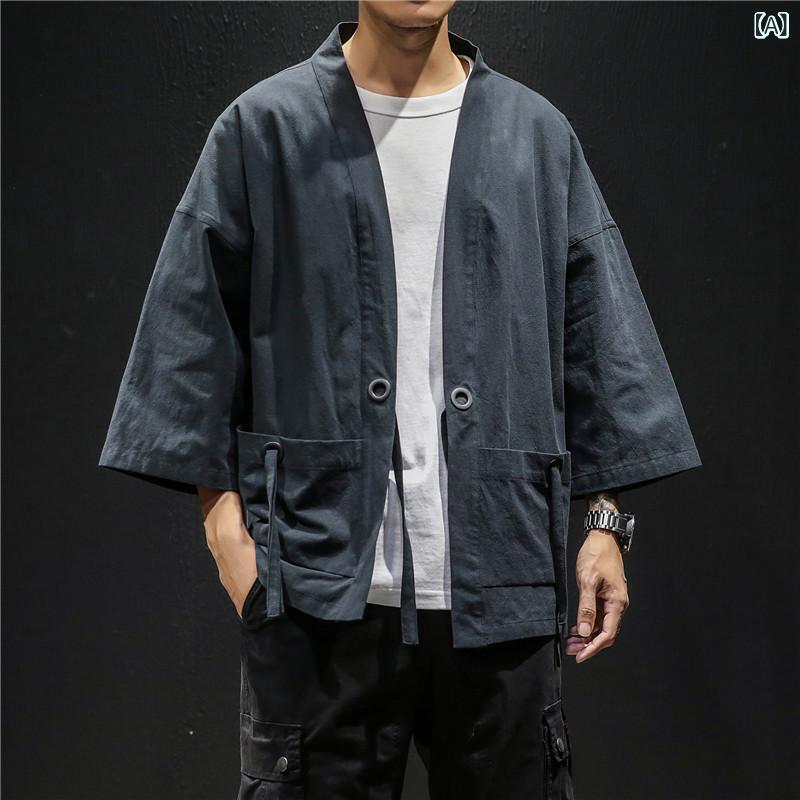 メンズ 開襟シャツ トップス 中国風 漢服 風 コットン混紡 麻混紡 長袖 夏用 軽量 通気性 吸湿速乾 ゆったりシルエット ビッグサイズ 腰部ドローストリング 切り替えデザイン ブラック ワインレッド アーミーグリーン ネイビー グレー系 カジュアル