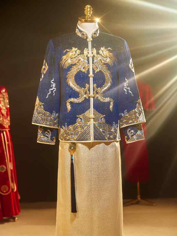 中山装 メンズ 中国風 結婚礼服 羊毛混紡 秋冬 ブルー フォーマルスーツ 新郎衣装 伝統柄 スタイリッシュ 軽量 通勤 普段使い