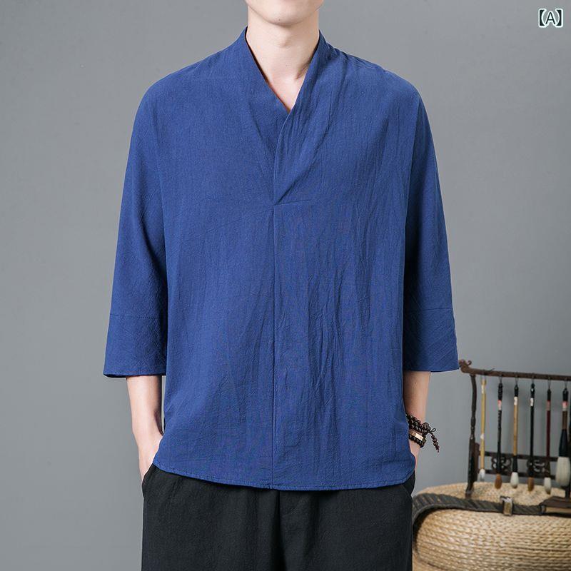 漢服 メンズ 短袖 上衣 唐装 男士 青年 僧服 居士服 禅修服 茶人服 綿麻 混紡 ポリエステル繊維 シンプル スタイル 無領 デザイン 通年 通用 ネイビー ホワイト グレー ブラック ジンジャーイエロー M L XL 2XL 3XL 4XL 5XL