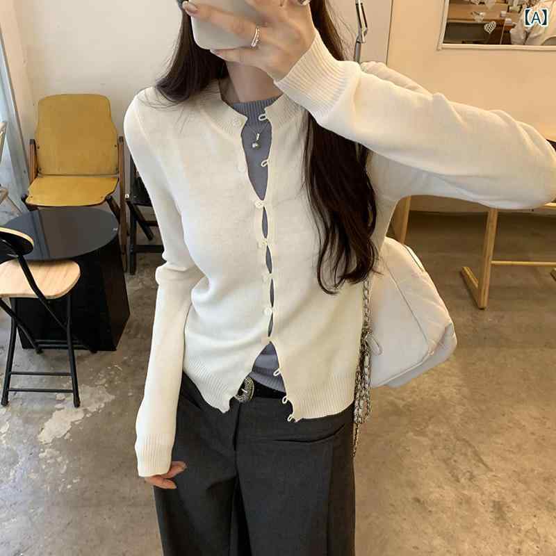 カーディガン 女性用 長袖 ニット ウール混 修身 秋冬 気質 通勤風 丸首 単排ボタン 開き前 ポリエステル 無地 シンプル 軽量 伸縮性 白色 黄色 カーキ ブラック 赤 ネイビー ライトグレー ダークグレー 普段使い ビジネスカジュアル 2