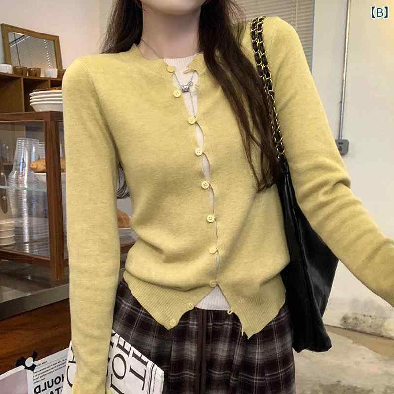 カーディガン 女性用 長袖 ニット ウール混 修身 秋冬 気質 通勤風 丸首 単排ボタン 開き前 ポリエステル 無地 シンプル 軽量 伸縮性 白色 黄色 カーキ ブラック 赤 ネイビー ライトグレー ダークグレー 普段使い ビジネスカジュアル 3