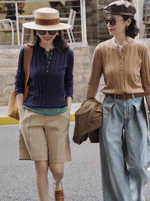 ニットトップス 女性用 半開襟 長袖 修身 薄手 羊毛 幾何柄 復古風 単排多扣 セッ...