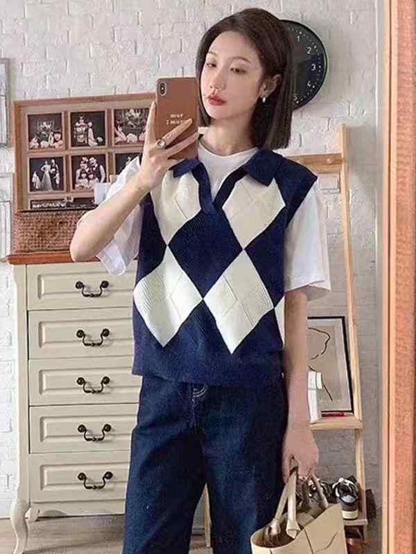 無袖毛衣 女性用 春夏 セットイン ポリコットン トップス 菱格柄 無袖 ビスチェ ワイドシルエット ポロカラー ストライプ チェック柄 切り替え ブラック キャメル ブルー 快適 カジュアル 普段使い 軽量 通勤 レイヤリング