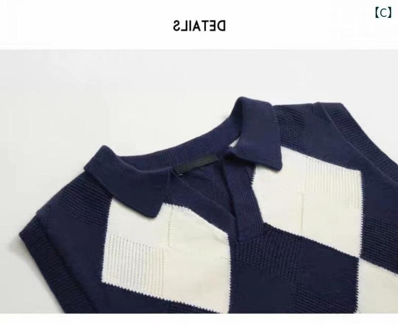 無袖毛衣 女性用 春夏 セットイン ポリコットン トップス 菱格柄 無袖 ビスチェ ワイドシルエット ポロカラー ストライプ チェック柄 切り替え ブラック キャメル ブルー 快適 カジュアル 普段使い 軽量 通勤 レイヤリング 3