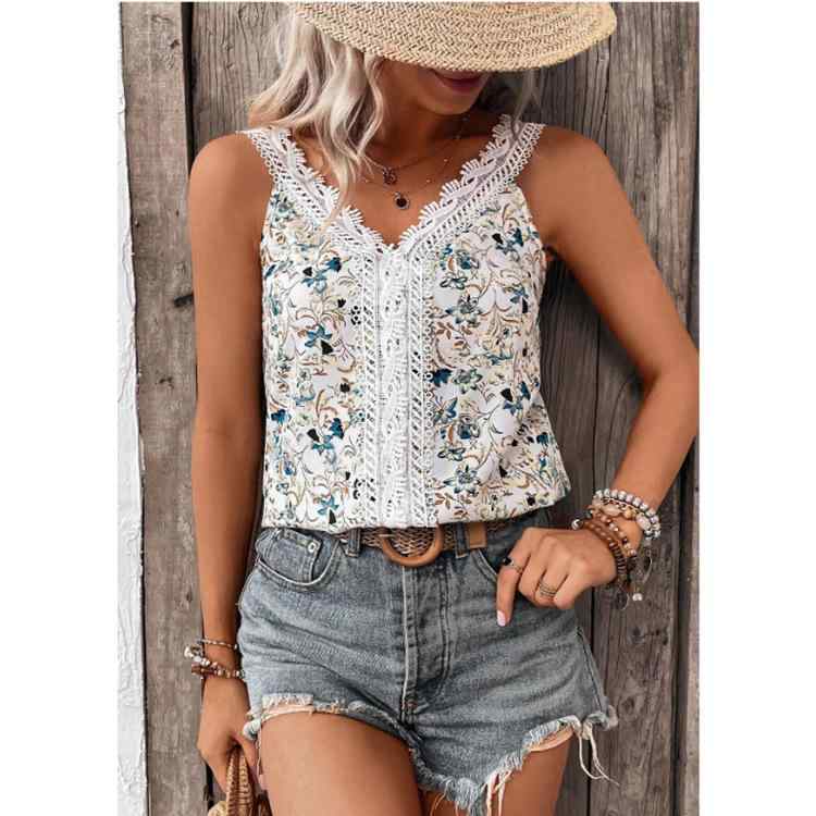 ノースリーブ Tシャツ レディース Vネック トップス 花柄 プリント レース 花辺 切り替え 無袖 セットインスリーブ 中長丈 涤綸 ポリエステル 花色 気質 通勤 スタイル 優雅 甘美 清新 夏 接触冷感 軽量 吸湿速乾 伸縮性 カジュアル