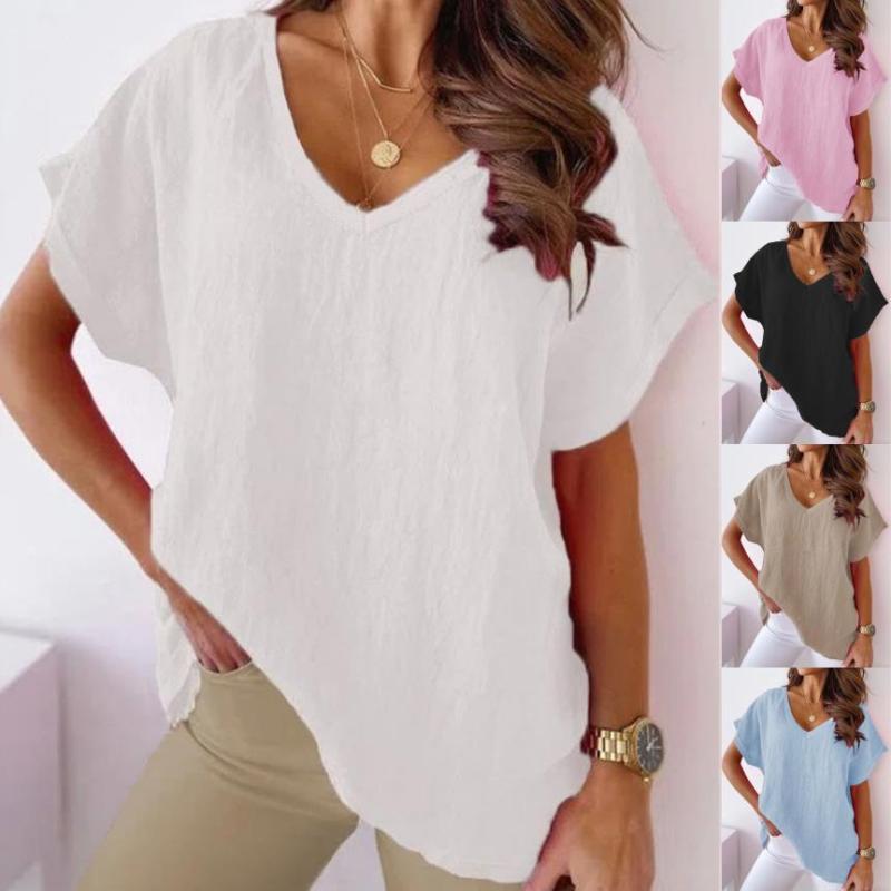 Tシャツ 女性用 大きいサイズ Vネック 短袖 コットンリネン ゆったりシルエット バットスリーブ 中長丈 無地 切り替えデザイン 日常使い 軽量 通勤 カジュアル 春夏 秋 白色 ブラック カーキ ブルー ピンク 接触冷感 吸湿速乾 伸縮性 日韓スタイ