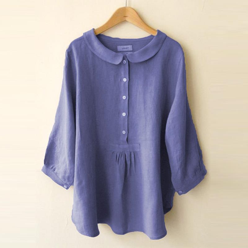 Tシャツ 女性用 かわいい 少女風 ベビーコラー 灯籠袖 七分袖 綿素材 純色 ゆったりシルエット 普通丈 ボタン付き セットインスタイル 長袖 トップス 快適カジュアル クリア スイート ケーキ ベビーブルー パープル ブラック イエロー コットン95