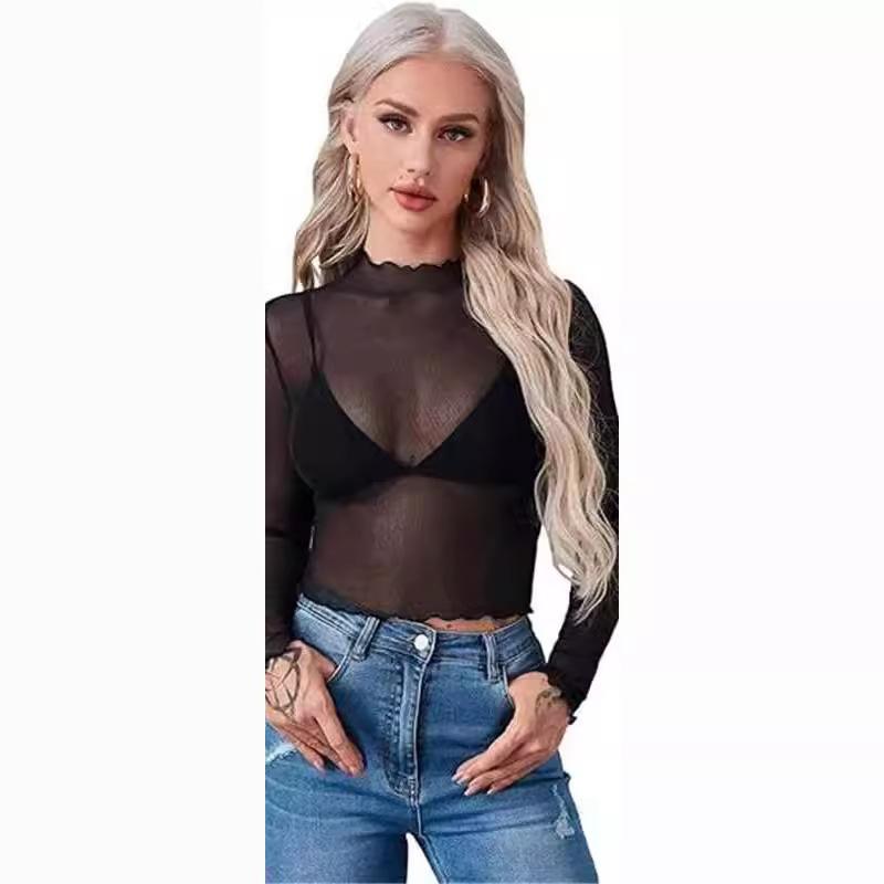 Tシャツ レディース 長袖 透け感 網目 クロップド トップス プリント ブラウス 修身 波浪領 ポリエステル 接触冷感 ブラック 花柄 赤 ..
