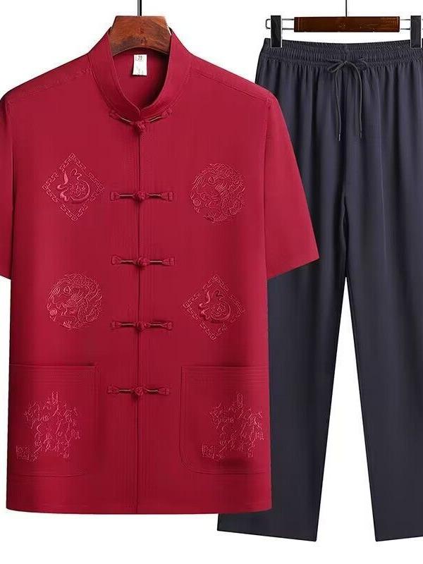 Kimono - 唐装 メンズ 中年 夏 短袖 スタンドカラー トップス セット 中国風 デザイン 化繊混紡 ポリエステル100 軽量 通気性 吸湿速乾 多ポケット 深灰 浅灰 ネイビー ワインレッド グリーン ベージュ 日常 旅行 ビジネス カジュアル 居家 雨天対応