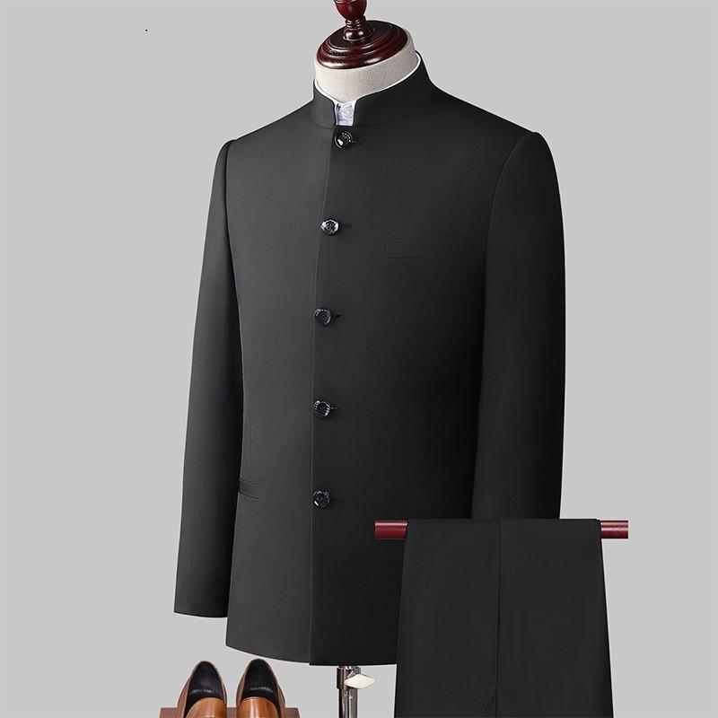 Other - メンズ 中山装 立領 礼服 セット トップス ズボン 化粧繊維 混紡 ポリエステル 宴会用 通勤 普段使い 青少年向け ボタン 装飾 ゆったり フィット 四季 対応 ブラック グレー ネイビー