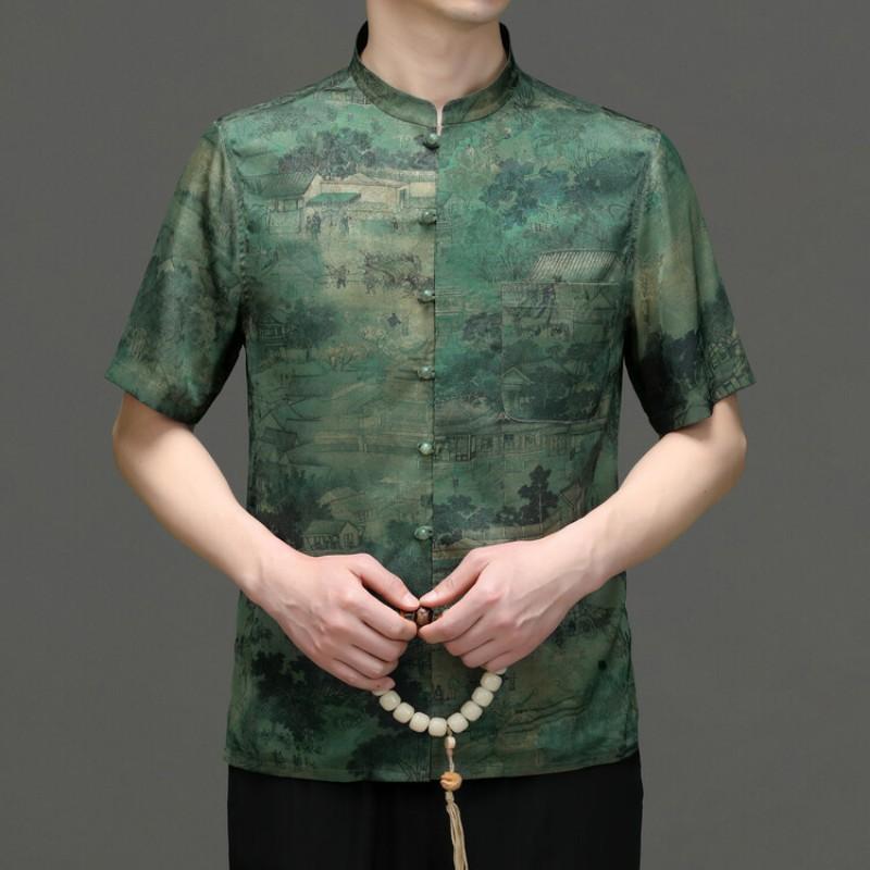 唐装 メンズ 短袖 セット 男性用 夏用 ファッション スタンドカラー 開きシャツ プリント トップス シルク風 伸縮性 グリーン ブラウン 日常着 軽量 吸湿速乾 中年向け 復古スタイル 切り替え デザイン