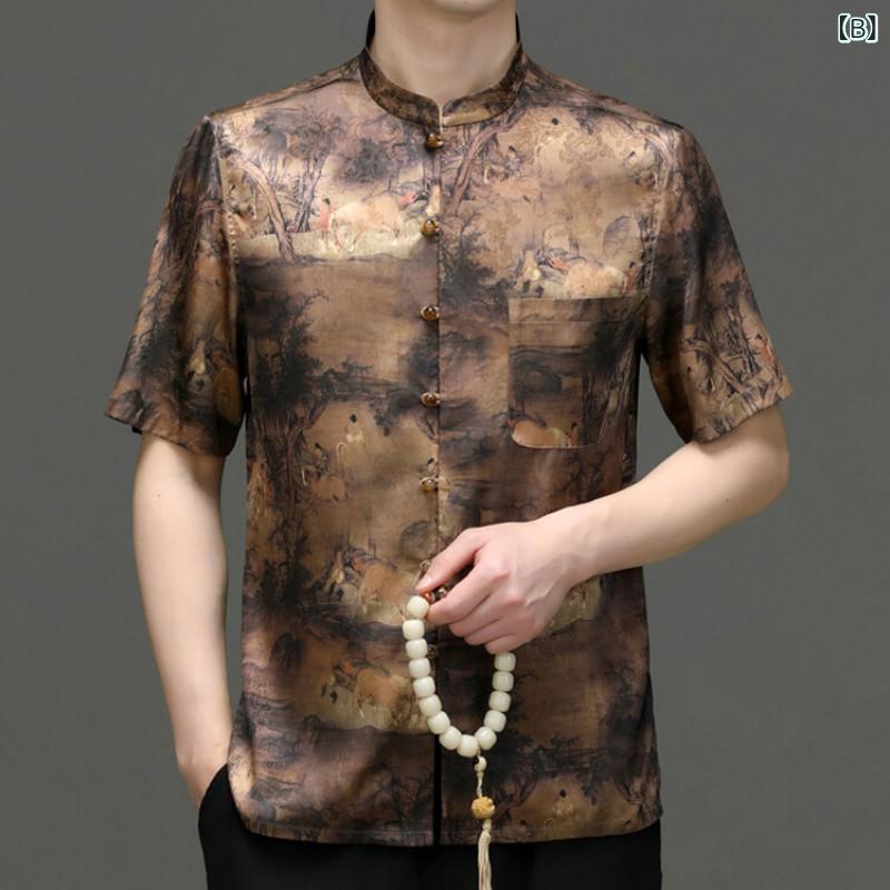 唐装 メンズ 短袖 セット 男性用 夏用 ファッション スタンドカラー 開きシャツ プリント トップス シルク風 伸縮性 グリーン ブラウン 日常着 軽量 吸湿速乾 中年向け 復古スタイル 切り替え デザイン
