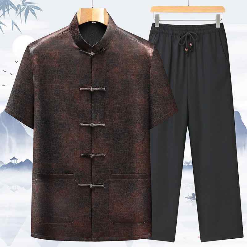 唐装 メンズ 夏用 桑蚕絲 混紡 セットアップ 短袖 中華風 父の日 印花 デザイン インクグリーン カラー ブラウン カラー アンティーク..