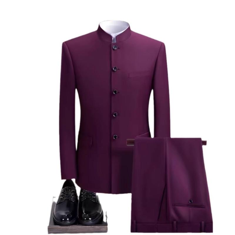 メンズ 中山装 刺繍 龍柄 中国風 立領 西装 セット ブラック ワインレッド 通年 結婚式 フォーマル 民族スタイル ポリエステル 繊維 軽量 ボタン 装飾 伴郎 服 スーツ